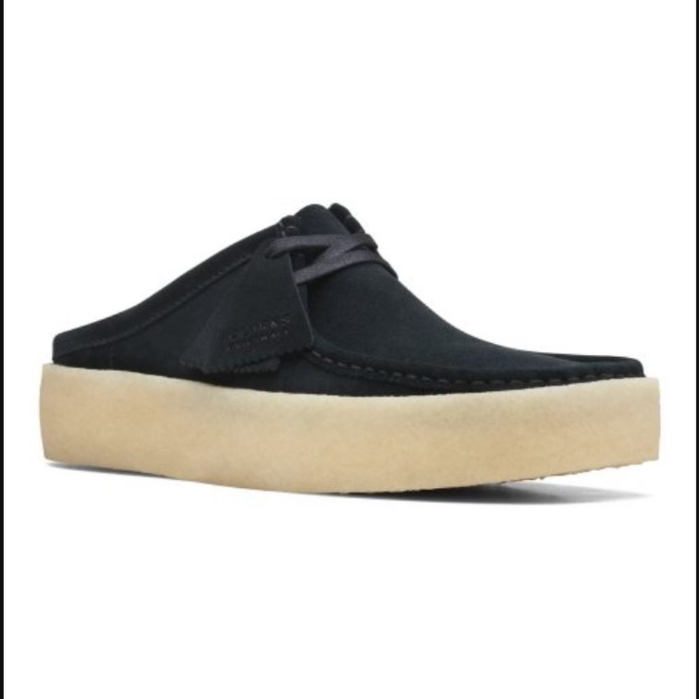 Clarks Black Suede Wallabee Clog with Crepe Sole